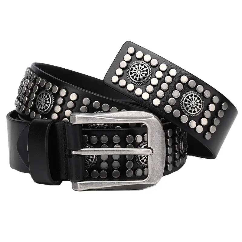 Sabuk Studded Kustom Punk Rock Rivet Belt dengan Logam Bulat Logam Rivet Dermis Sabuk Kulit Sapi untuk Wanita Pria