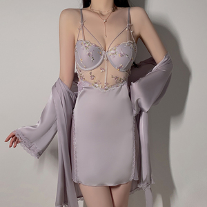 Комплект домашней одежды: ночной халат-кимоно из шелковистого атласа с сетчатыми вставками, с подкладкой для груди, на косточках, с регулируемыми бретелями - Product Image 6