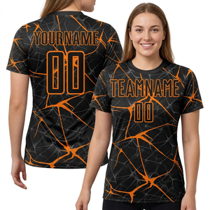 Camiseta de Fútbol Femenina Personalizada con Nombre de Equipo Sublimado 00, Diseño de Grietas en Negro y Naranja, Cuello Redondo, Manga Corta, Absorbe la Humedad, Deportiva - Product Image 1