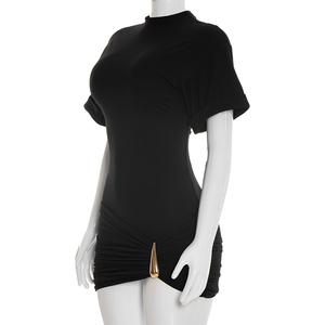 วิวิบลุค Y26DS051 ชุดเดรสฤดูร้อนผู้หญิงใหม่ลำลองสีทึบแขนสั้นตกแต่งโลหะจีบมินิเดรสปาร์ตี้ - Product Image 2