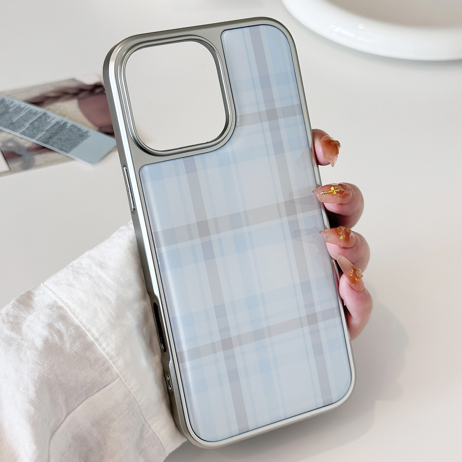 Silver-edged blue-gray and white check