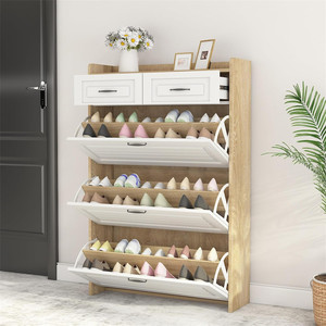 Scarpiera Moderna con 3 Scomparti Ribaltabili e 2 Cassetti Superiori, in Legno e Bianco, Struttura Resistente - Product Image 1