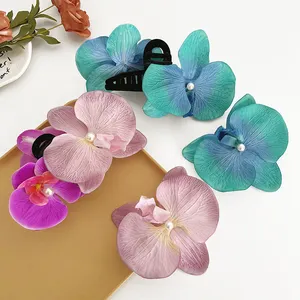 New Design Artificial Orchid Flowers Plants Clips Fashion Butterfly Flower Hair Accessories Pearl Handmade Hair Clip Decoration