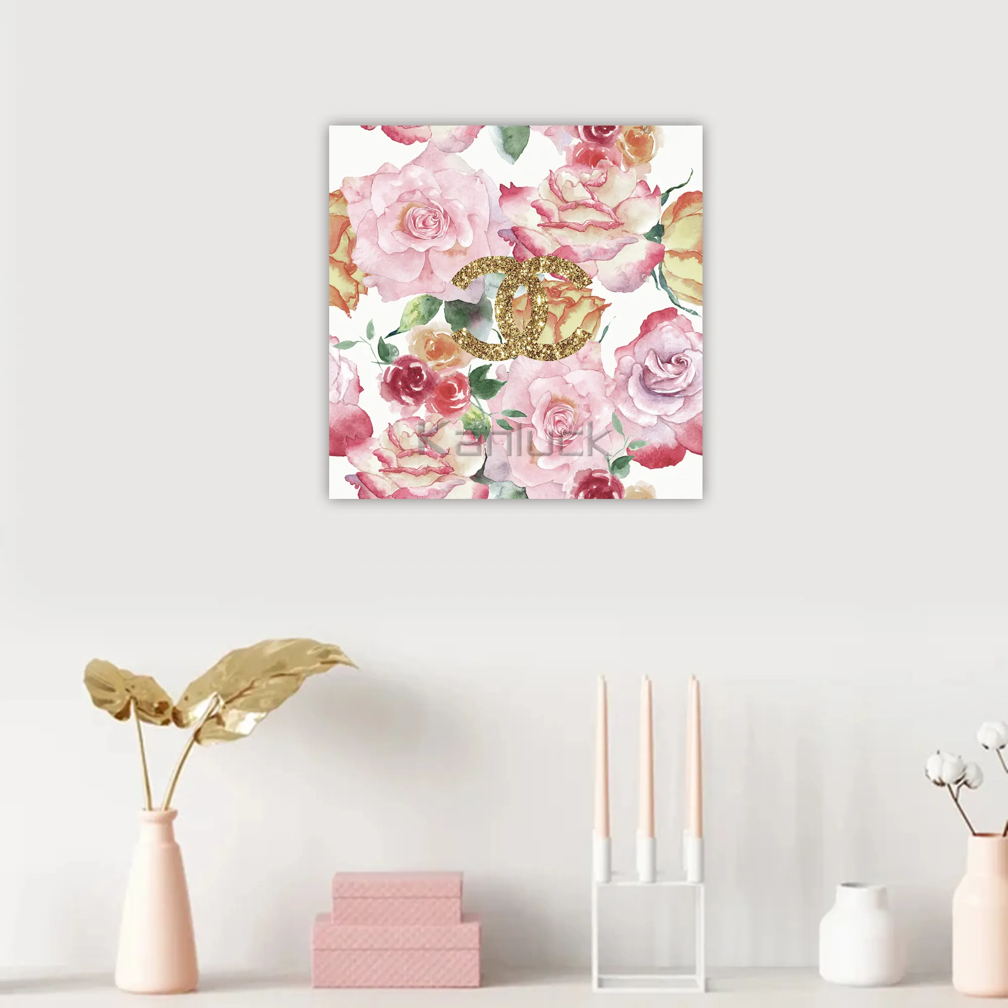 Large Canvas Art Flower Painting Embellished With Gold Glitter