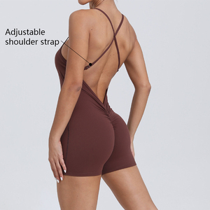 XW-43014 sans manches court sport Fitness combinaison dos nu entraînement vêtements de sport Scrunch bout à bout Yoga femmes combinaisons combishorts - Product Image 3