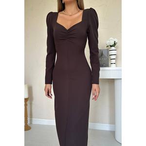 Vestido Tubo de Satén Marrón con Cuello Redondo, Cintura Natural, Antiarrugas, Manga Larga, Largo Midi - Product Image 2