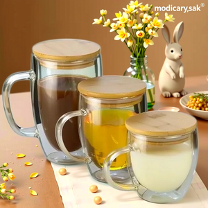 Mug à boire en verre transparent soufflé à la main en borosilicate de haute qualité, tasse à café à <span class=keywords><strong>double</strong></span> paroi avec poignée et couvercle en bambou - Product Image 2