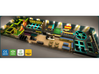 Équipement de parc de trampolines intérieur OEM ODM Teal avec terrain de football, jeux d'arcade et zone café pour FEC et centres commerciaux