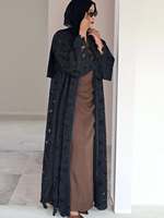 Abaya de luxe faite à la main à Dubaï, élégante, en dentelle florale, ornée de perles, cardigan pour femmes musulmanes, robes modestes, hijab assorti