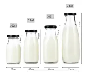 Özelleştirilmiş 200ml 250ml 500ml 1000ml şeffaf yuvarlak cam süt şişesi ile metal kapak