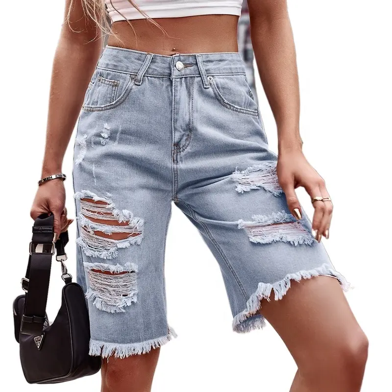 2023 Sommer Middle Rise Raw Hem Blau zerrissene Frauen Bermuda Denim Jean Shorts