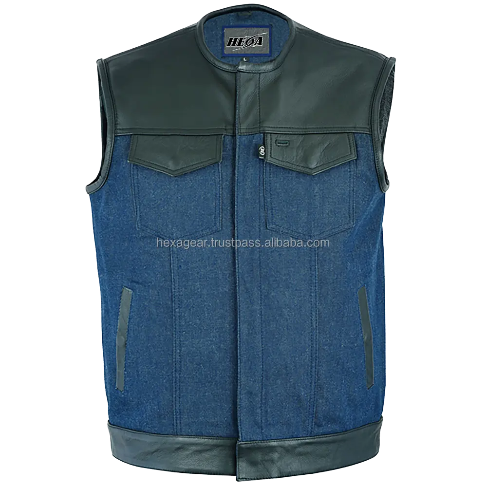 hexa gear universal men's leather denim motorcycle combo black broken blue vest the pro gear of style