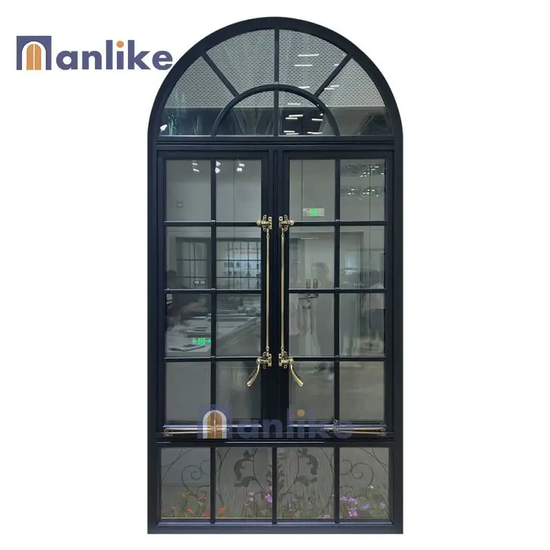 Anlike Brass Handle Retro Classic Villa Metal Arched Round Double Glazing Black Swing Aluminium Window