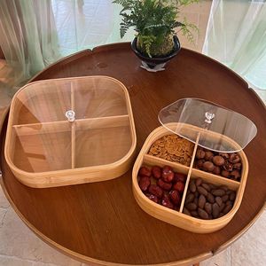 Bamboo <b>Tray</b> With Lid 4 Compartments Oval Shape For Snacks Tea Storage Fruit Platter - Product Image 1