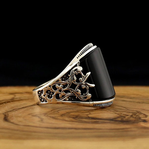 Bagues en obsidienne de luxe personnalisées pour hommes, style hip-hop, vintage, islamique, turc, punk noir, bijoux en pierres précieuses, vente en gros, cadeau - Product Image 5