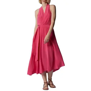 广州服装厂来样定做ODM v领粉色丝缎无背编织高腰长裙