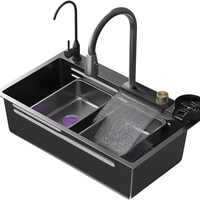 Évier de cuisine multifonctionnel de luxe en acier inoxydable 201 304 noir, fait main, avec robinet extractible