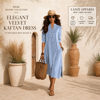 Robe longue décontractée en velours scintillant coupe trapèze pour l'automne, col Henley, col montant, poignets repliés sur le côté, fabrication OEM ODM, marque privée