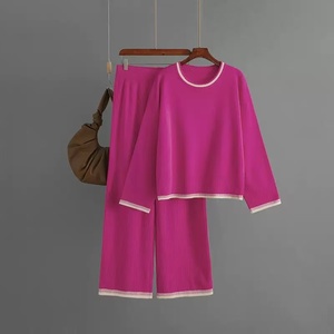 Setelan Sweater wanita, atasan lengan panjang leher bulat warna polos, celana rajut kaki lebar, Set Sweater kasual untuk musim dingin - Product Image 2