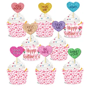 WB080 Happy Valentine's Cupcake Wrappers Glitter Heart Cupcake Toppers for Valentine's Day Anniversary Party Cake Decorations