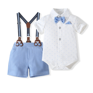 Catpapa - Conjunto de 3 Piezas <span class=keywords><strong>para</strong></span> Bebé <span class=keywords><strong>Niño</strong></span>, Estilo Caballero, Mono Estampado, Pantalones Cortos Azul Claro, Tirantes, Traje Formal - Product Image 1
