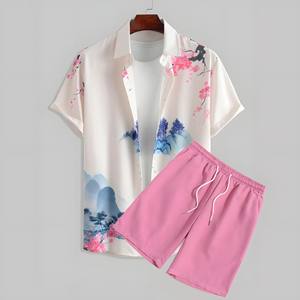 2024 abiti da spiaggia estivi da uomo Casual 2 pezzi camicia a maniche corte + Shorts pantaloni larghi con elastico stampato - Product Image 6