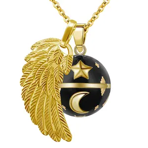 Wholesale Black Gold Moon Star Mexican Bola Enamel Paint Angel Chime Necklace For Baby Mother