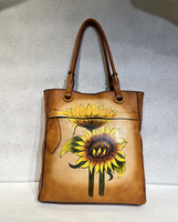 Sac fourre-tout en cuir pleine fleur imperméable peint à la main motif tournesol pour femme, sac à main vintage floral artistique avec fermeture éclair personnalisable