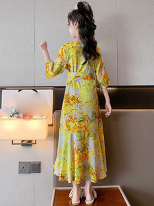 เดรสคอวีลายดอกไม้สีเหลืองสำหรับเด็กผู้หญิงชุดเดรส2023หรูหราสำหรับฤดูร้อน - Product Image 6