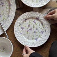 Assiette et Bol en Céramique Style Français Vintage à Motifs Floraux en Relief, Vaisselle pour Desserts, Plats Occidentaux et Soupes, Compatible Micro-ondes