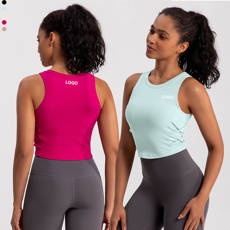 New Women's Gym Clothing Soft Ribbed Fabric Short Version Sports Yoga Bra Top Breathable Neckline Side Crossbands Girls' Fitness