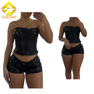 2024 Hot Selling Strapless Crop Top And Hot Shorts Summer Women Clothes Set Pu Leather Tight Two Piece Set