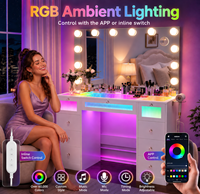 Coiffeuse avec grand plateau en verre et 9 tiroirs, miroir compact et 3 ampoules colorées