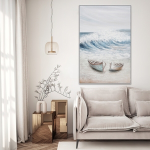 Peinture à l'huile abstraite moderne peinte à la main, art mural côtier, bateaux sur la plage avec des vagues qui déferlent, pour un décor paysager - Product Image 2