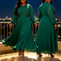 ADR051253 Robes de Soirée Tendance Grande Taille pour Femmes, Robes en Chiffon Plissé à Manches Bouffantes et Paillettes Coupe A-line, Robes Formelles pour l'Église pour Femmes