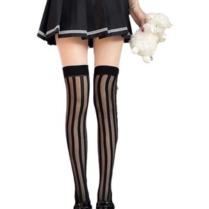 Mu Ruan Dark Striped Jacquard Elastic Thigh High Stockings 5D Ultra Thin Transparent Women's Japanese Street Style JK Uniform - Product Image 4