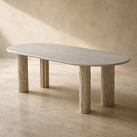 Table à manger ovale moderne en marbre travertin naturel, grandes pieds sculptés à la main, base cannelée, 6 places, personnalisable