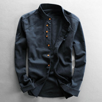 Chemise Homme Col Mandarin Personnalisée OEM, Boutons Diagonaux, Haut Hybride Formel-Casual avec Impression de Logo Personnalisé