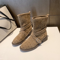 Bottines rétro à boucle creuse pour femmes, talon épais, denim western, respirantes, antidérapantes, durables