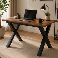 Table à manger extensible en MDF avec plateau central rabattable, pieds en fer noir thermolaqué en forme de X, finition grain de bois