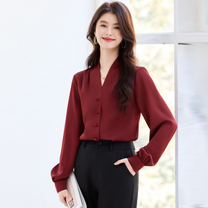 Women's Long Sleeve V Neck Shirt Solid Color Satin Office Wear Red - Product Image 1