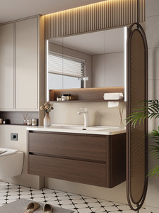 Nouvelle armoire de salle de bain couleur noyer avec lavabo intégré en céramique - Product Image 3