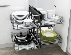 Custom Dark Wood Stainless Steel Wire 180° Swivel Universal Pull Out For Modular Kitchen <b>Cabinet</b> Magic <b>Corner</b> Basket - Product Image 3