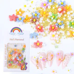 Amuletos de resina Kawaii para Nail Art, adornos acrílicos 3D de flores para Nail Art con cuentas para uñas, novedad