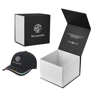 Elegant Custom Matte Black Rigid Paper Cardboard Folding Magnetic Closure Baseball Hat Packaging Gift Box Custom White Logo