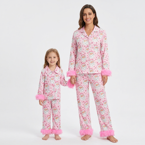 Christmas Pink <b>Santa</b> Print Matching Pajamas Sets Long Sleeve Button-Up Top Pants with Fur Trim for <b>Women</b> Kids Family <b>Outfits</b> - Product Image 1