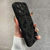 Nouvelle Coque de Téléphone 2025 à Écran Complet avec Nœud en Ruban Cerise Noire pour iPhone 17 16 15 14 Pro Max – Housse Artistique Minimaliste Mate à Pores Fins