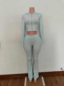 2025 personalizzato inverno in tinta unita ricamato abbigliamento lungo completo giacca con Zip pieghevole pantaloni svasati donna 2 pezzi Casual Set Yoga Loungewear - Product Image 2