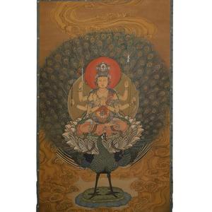 Venerable Pergamino Budista Mahamayuri Peacock Queen para la Puja en Templos y Ofrendas en Altares - Ícono Sagrado para el Culto en Monasterios - Product Image 1