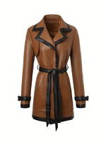 Veste en PU respirante mi-longue pour femme, col à revers avec ceinture, noir et marron unis, style unique, pour le commerce transfrontalier